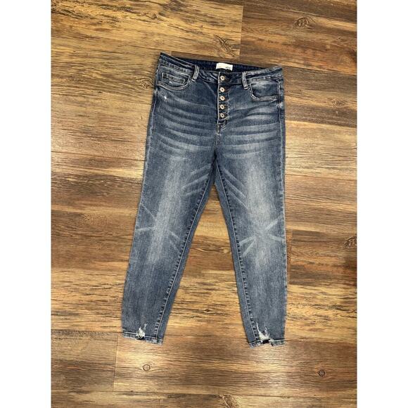 Vervet High Rise Button Fly Taper leg Beach Distress Jeans 31 Blue - Picture 1 of 5